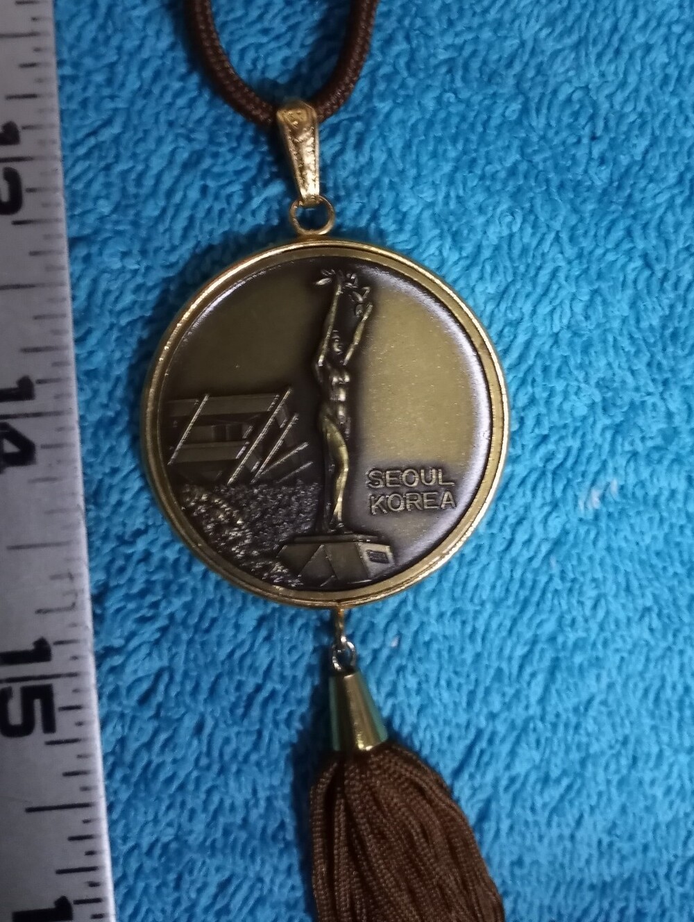 Seoul Korea Commemorative Medal Pendant - Gold Tone with Brown Tassel Brown Cord